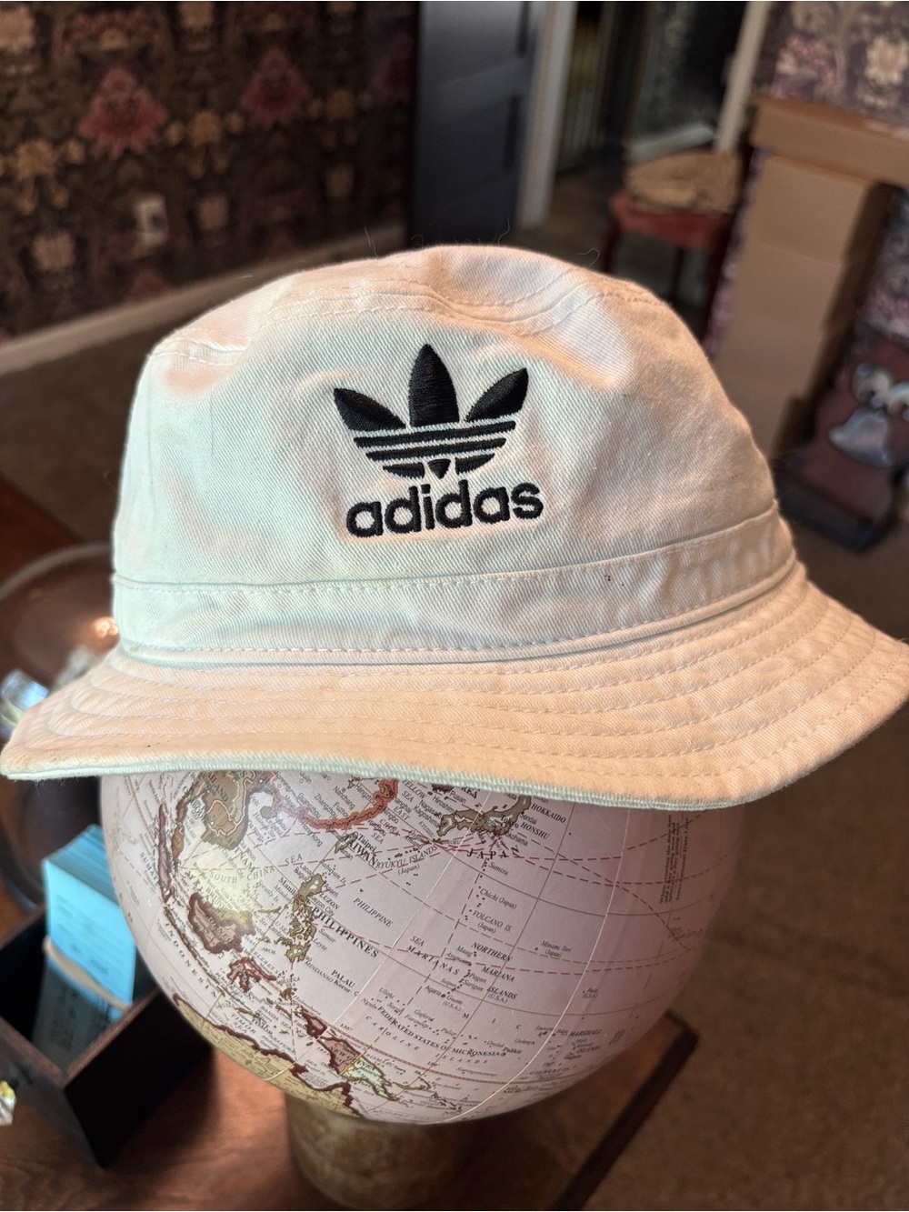 adidas White Canvas Bucket Hat with Black Trefoil
